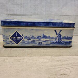 Vintage Patria Windmill Design Metal Tin Box 1970s Dutch Blue & White